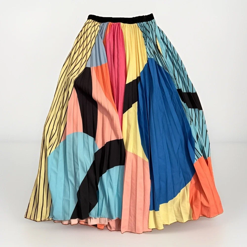 Anthropologie Geisha Designs Midi Pleated Skirt Colorful Preppy Boho Sz 4 NWT - Picture 1 of 7